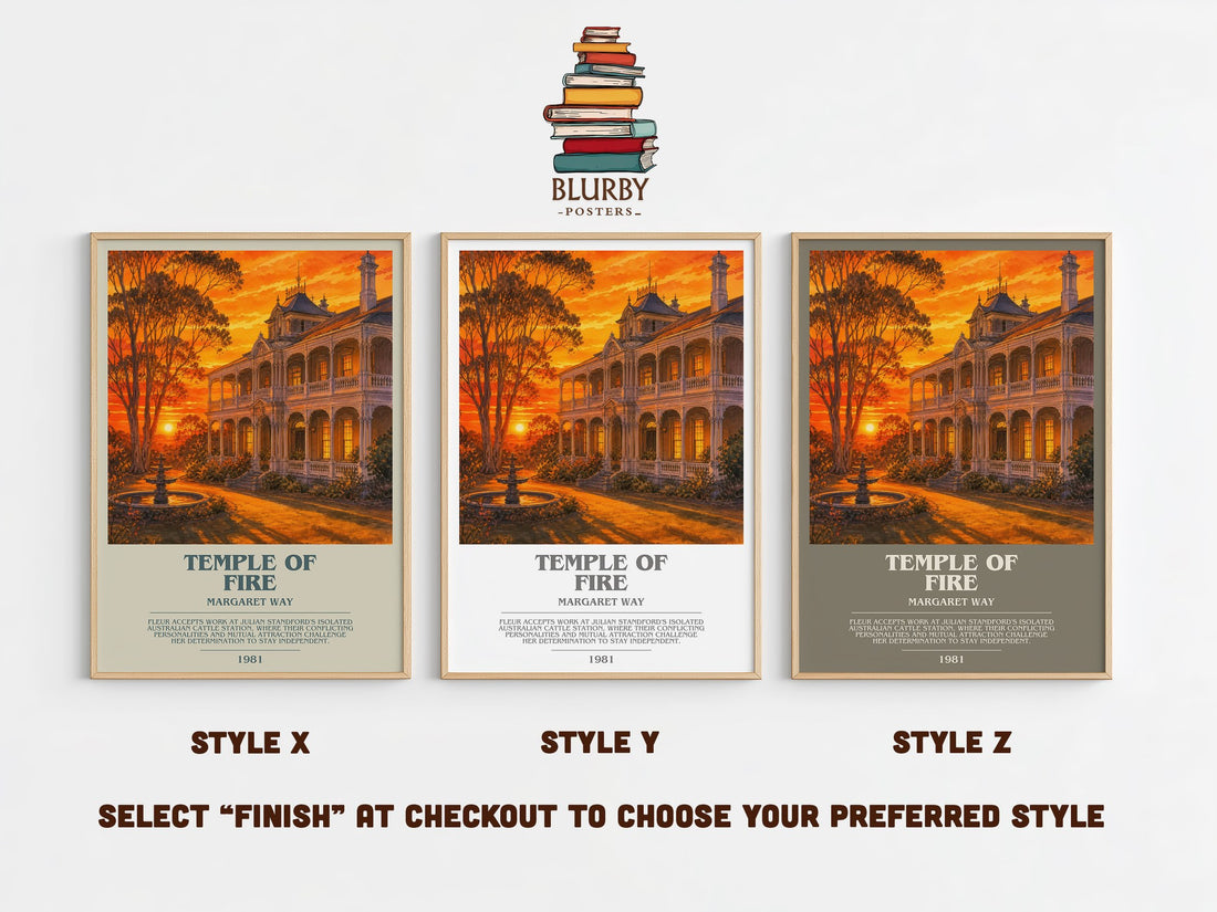 Temple of Fire bookish print in frame leaning in hallway – romance wall art (mockup)