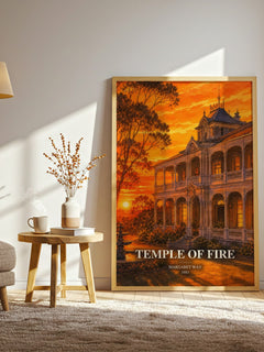 Temple of Fire watercolour print in frame leaning in hallway – romance wall art
