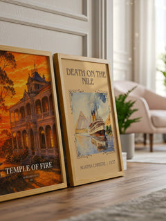 Temple of Fire watercolour print framed by window – literary home decor