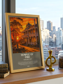 Temple of Fire bookish print framed by window – literary home decor
