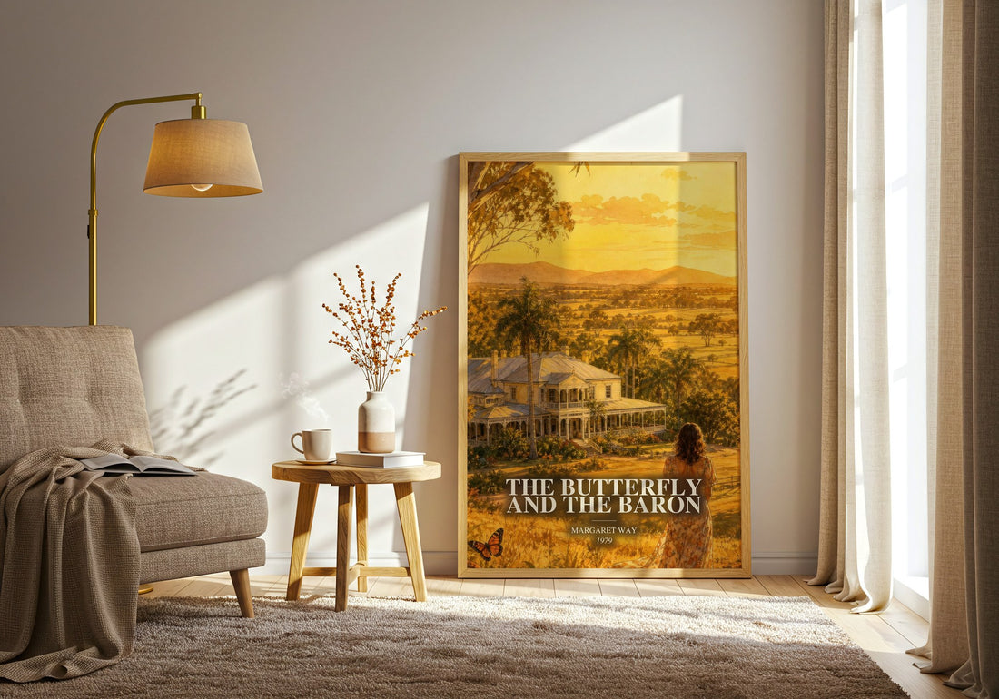 The Butterfly and the Baron watercolour print in frame leaning in hallway – romance wall art