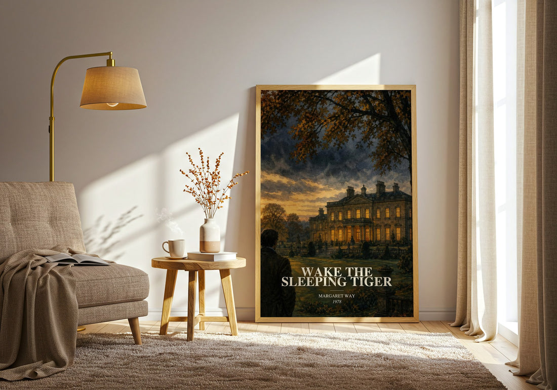 Wake the Sleeping Tiger watercolour print in frame leaning in hallway – romance wall art