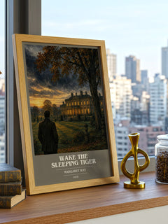 Wake the Sleeping Tiger book cover print framed by window – literary home decor