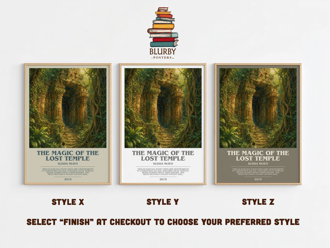 The Magic of the Lost Temple bookish print in frame leaning in hallway – childrens wall art (mockup)