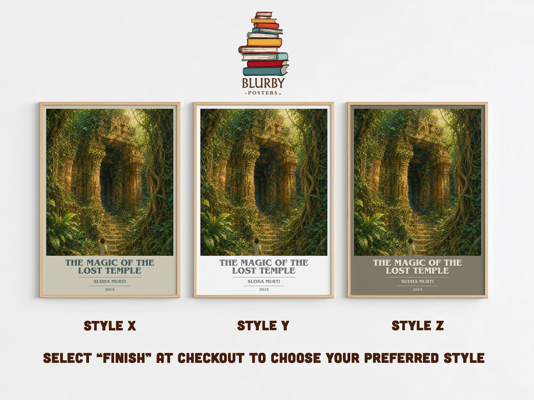 The Magic of the Lost Temple book cover print in frame leaning in hallway – childrens wall art (mockup)