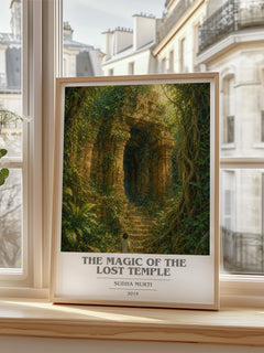 The Magic of the Lost Temple Book Cover Poster by Sudha Murti – framed print by a bright window