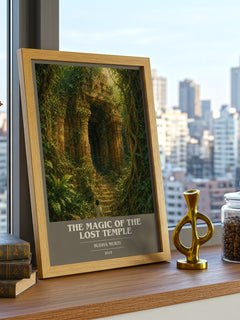 The Magic of the Lost Temple Book Cover Poster by Sudha Murti – framed print on a city-view windowsill