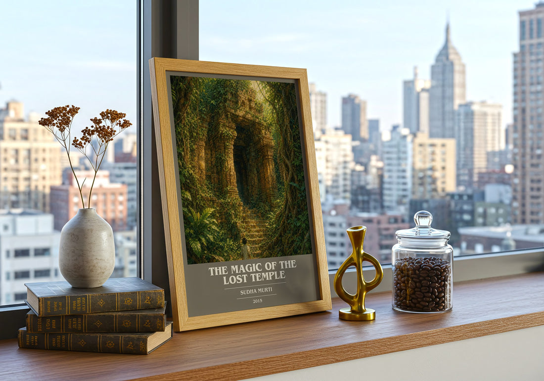 The Magic of the Lost Temple Book Cover Poster by Sudha Murti – framed print on a city-view windowsill