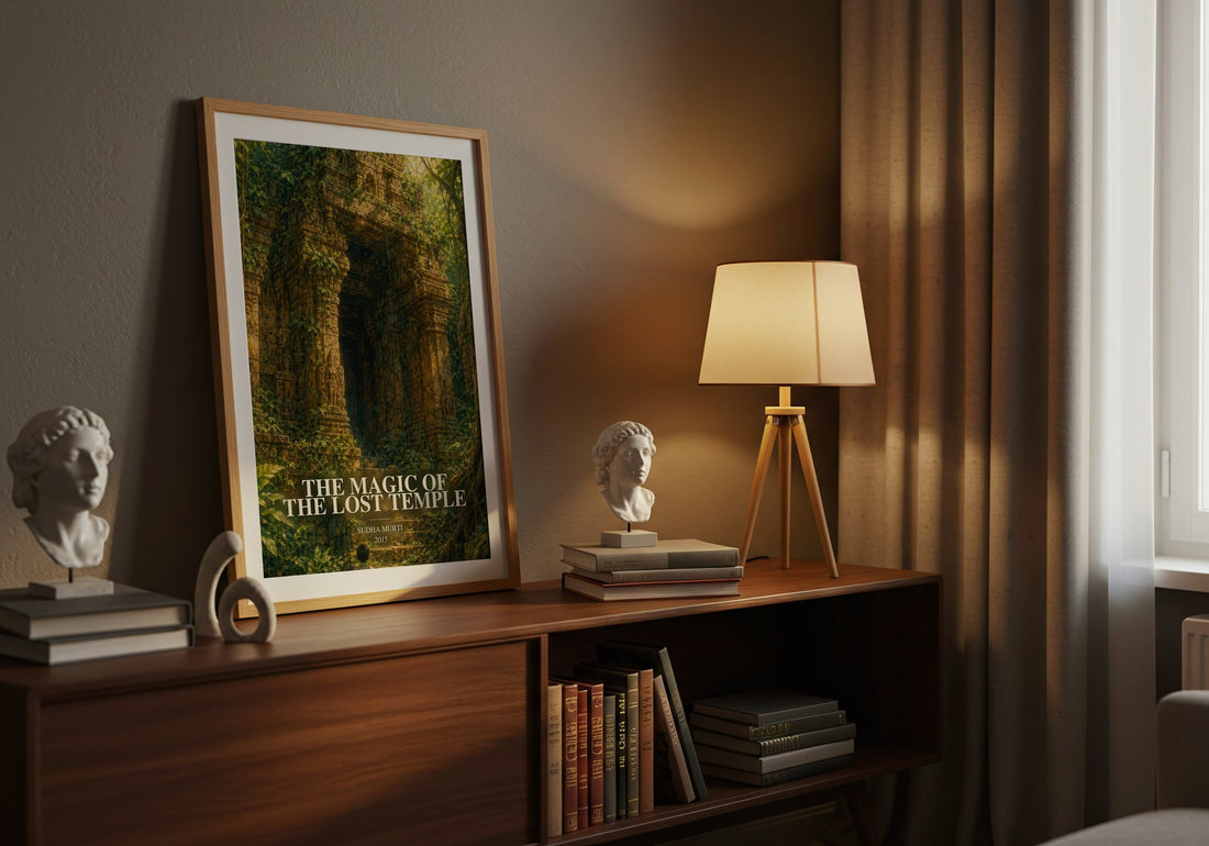 The Magic of the Lost Temple watercolour print on bookshelf – Sudha Murti fan gift