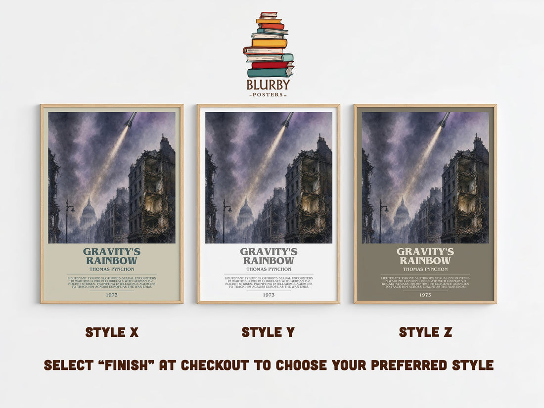 Gravity's Rainbow bookish print in frame leaning in hallway – literary fiction wall art (mockup)