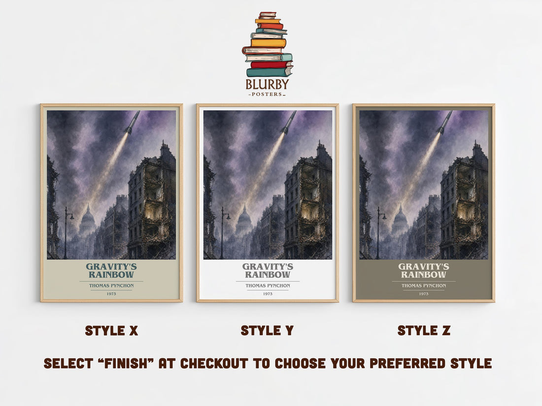 Gravity's Rainbow book cover print in frame leaning in hallway – literary fiction wall art (mockup)