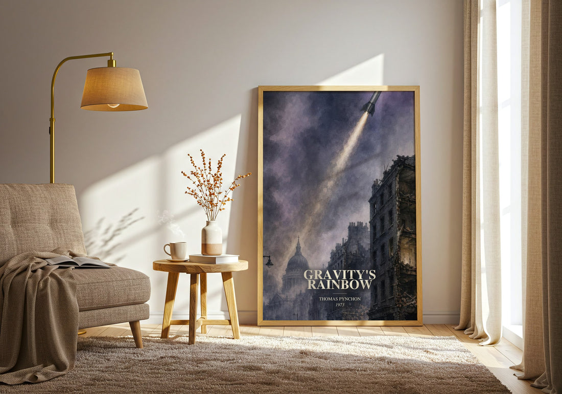 Gravity's Rainbow watercolour print in frame leaning in hallway – literary fiction wall art