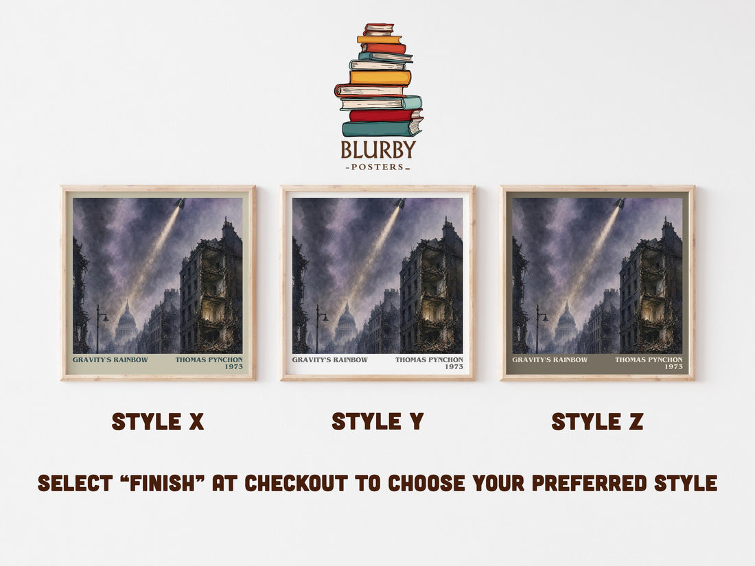 Gravity's Rainbow literary print in frame leaning in hallway – literary fiction wall art (mockup)