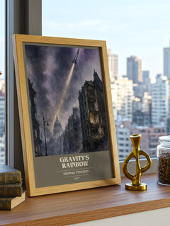 Gravity's Rainbow book cover print framed by window – literary home decor
