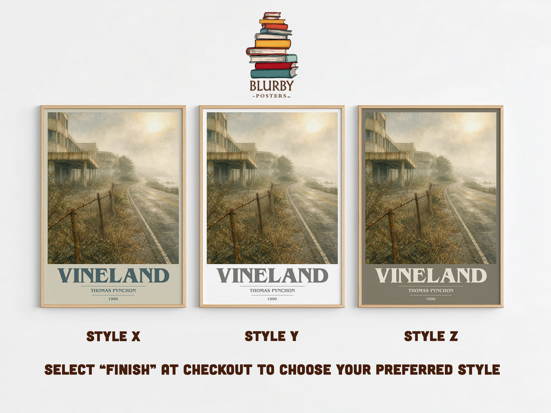 Vineland book cover print in frame leaning in hallway – literary fiction wall art (mockup)