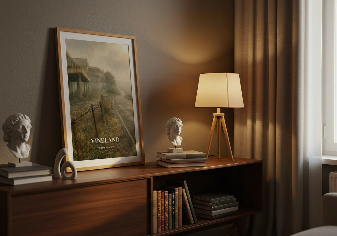 Vineland watercolour print on bookshelf – Thomas Pynchon fan gift