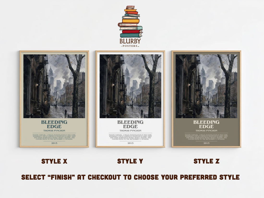 Bleeding Edge bookish print in frame leaning in hallway – literary fiction wall art (mockup)