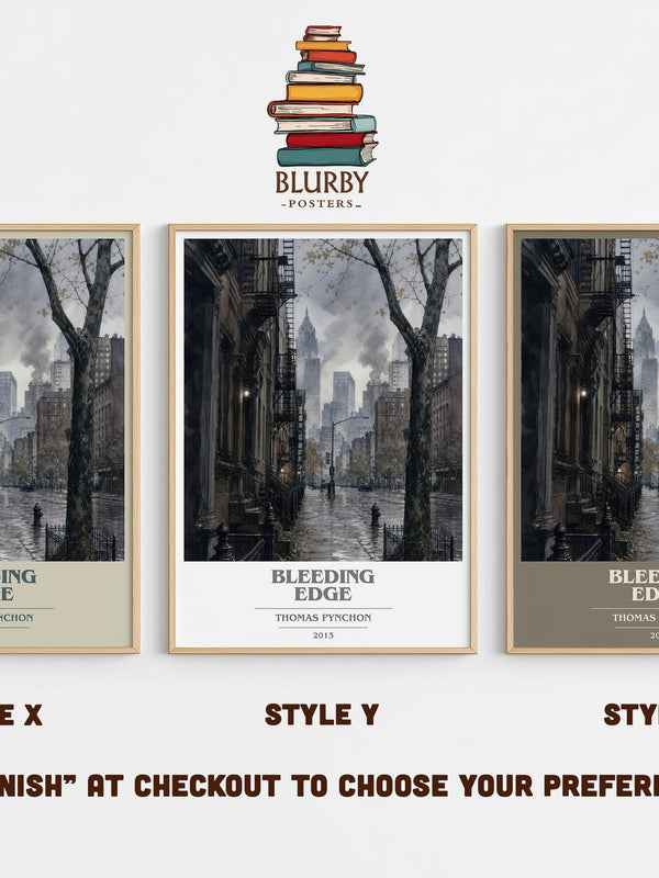 Bleeding Edge book cover print in frame leaning in hallway – literary fiction wall art