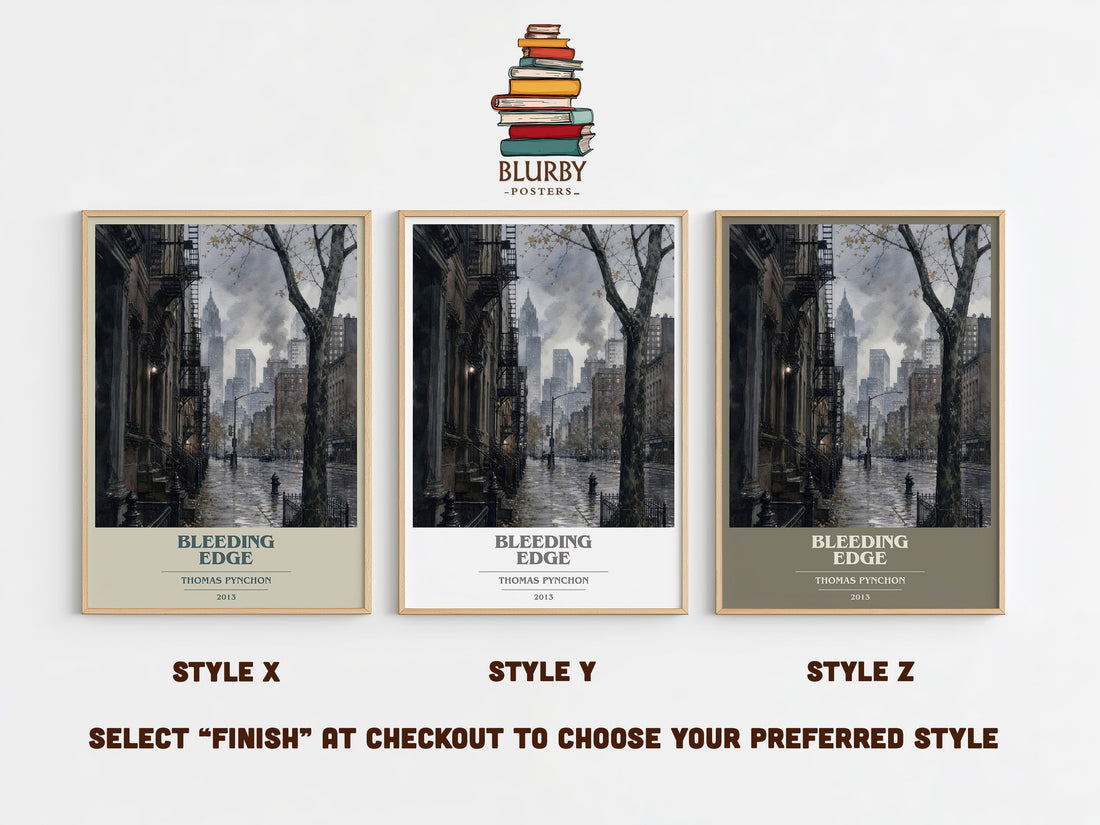 Bleeding Edge book cover print in frame leaning in hallway – literary fiction wall art (mockup)