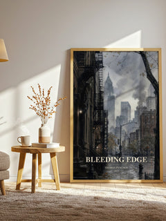 Bleeding Edge watercolour print in frame leaning in hallway – literary fiction wall art