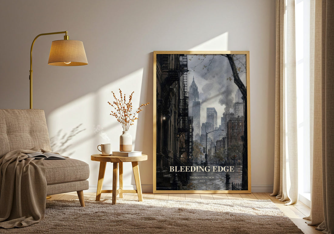 Bleeding Edge watercolour print in frame leaning in hallway – literary fiction wall art