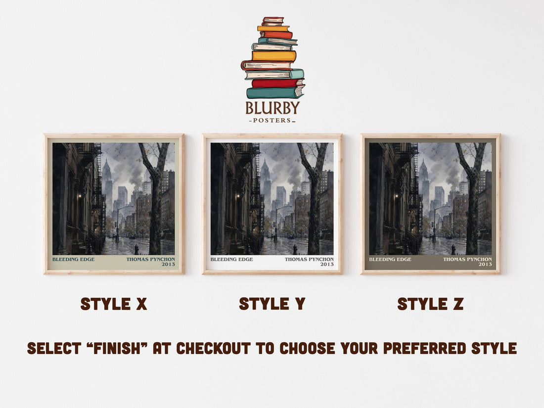 Bleeding Edge literary print in frame leaning in hallway – literary fiction wall art (mockup)