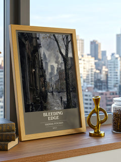 Bleeding Edge book cover print framed by window – literary home decor