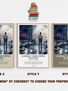 Darkly dreaming Dexter bookish print in frame leaning in hallway – thriller wall art