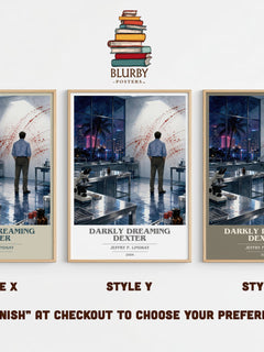 Darkly dreaming Dexter book cover print in frame leaning in hallway – thriller wall art