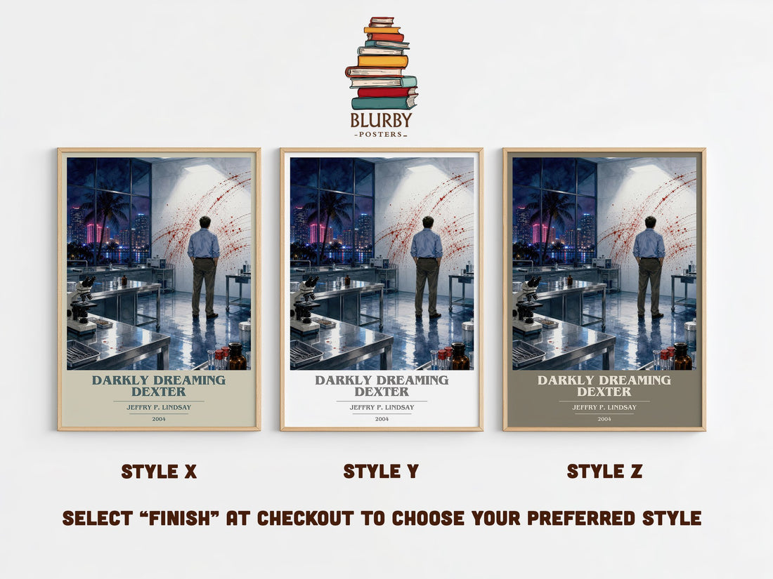 Darkly dreaming Dexter book cover print in frame leaning in hallway – thriller wall art (mockup)