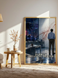 Darkly dreaming Dexter watercolour print in frame leaning in hallway – thriller wall art