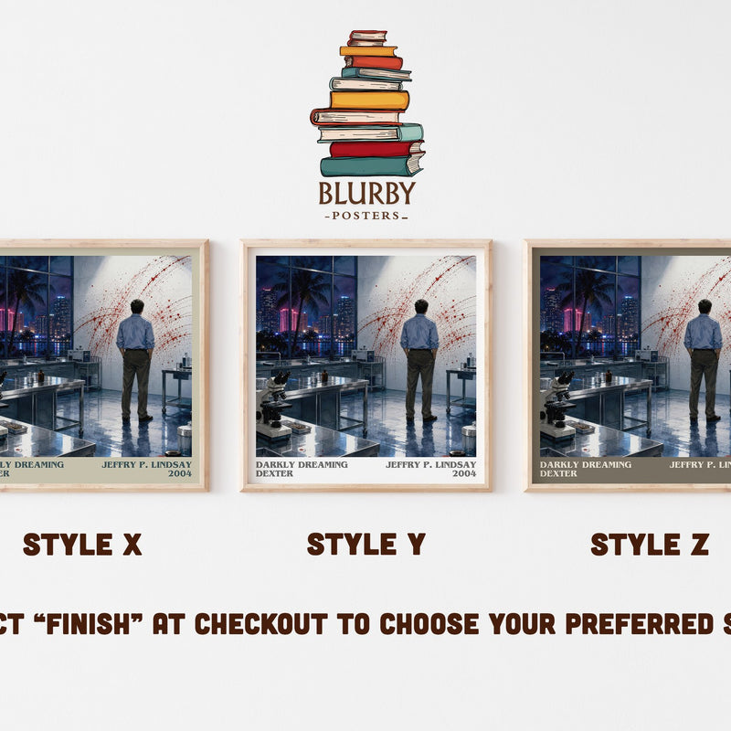 Darkly dreaming Dexter literary print in frame leaning in hallway – thriller wall art
