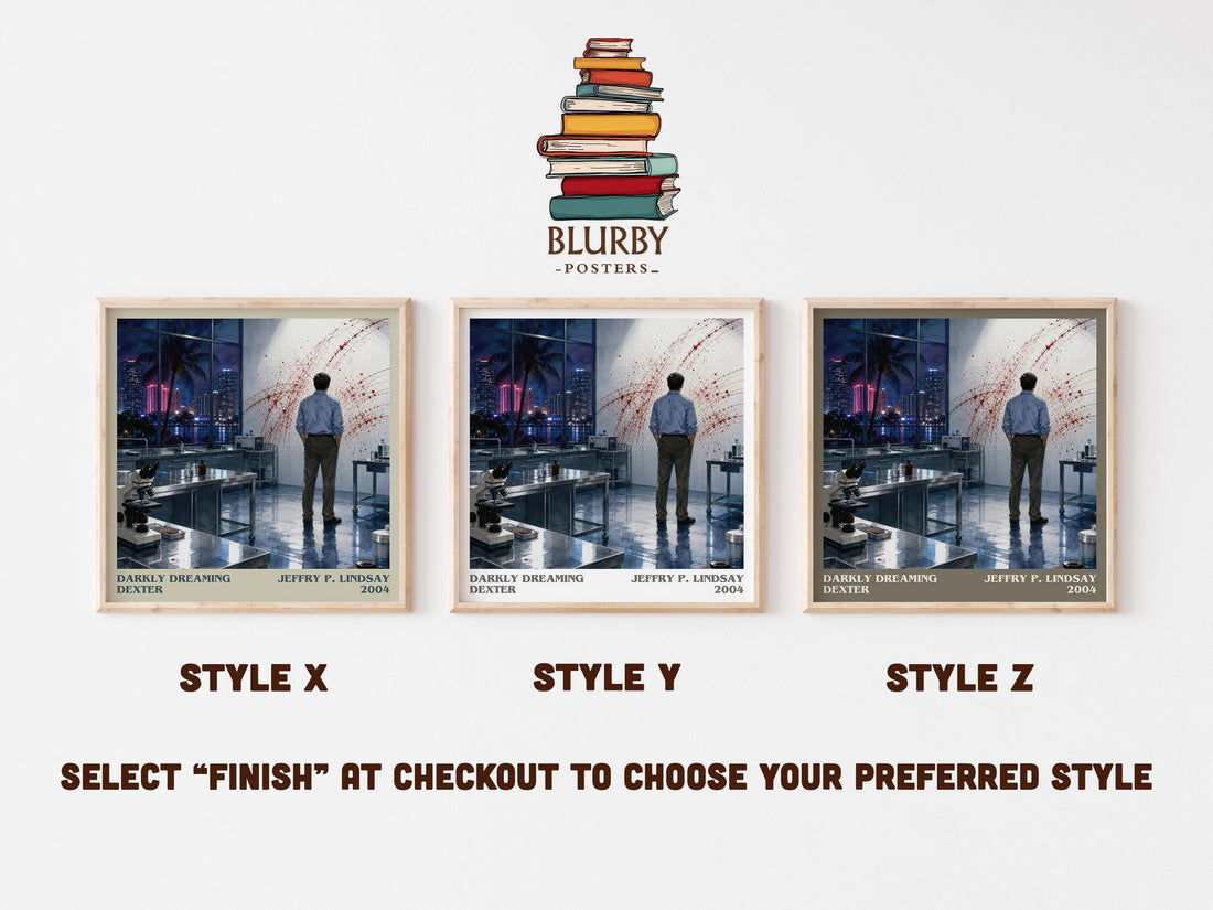 Darkly dreaming Dexter literary print in frame leaning in hallway – thriller wall art (mockup)