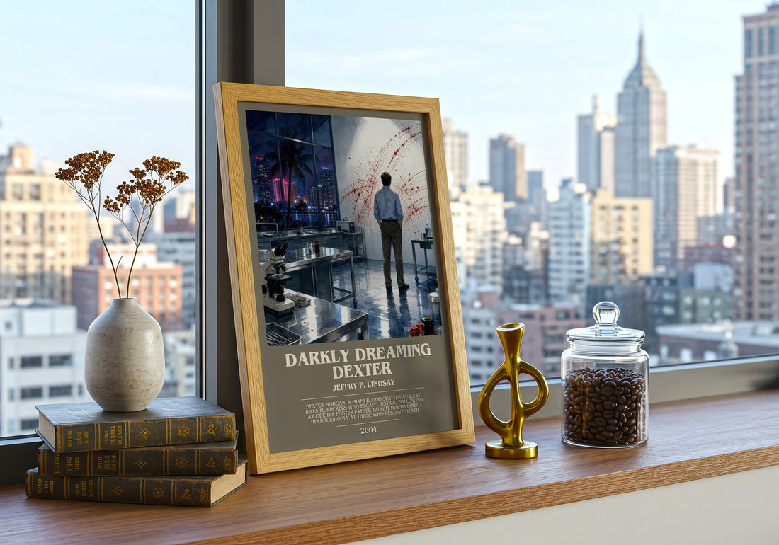 Darkly dreaming Dexter bookish print framed by window – literary home decor