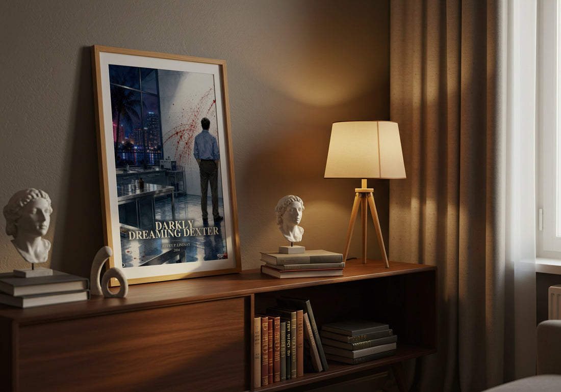 Darkly dreaming Dexter watercolour print on bookshelf – Jeffry P. Lindsay fan gift