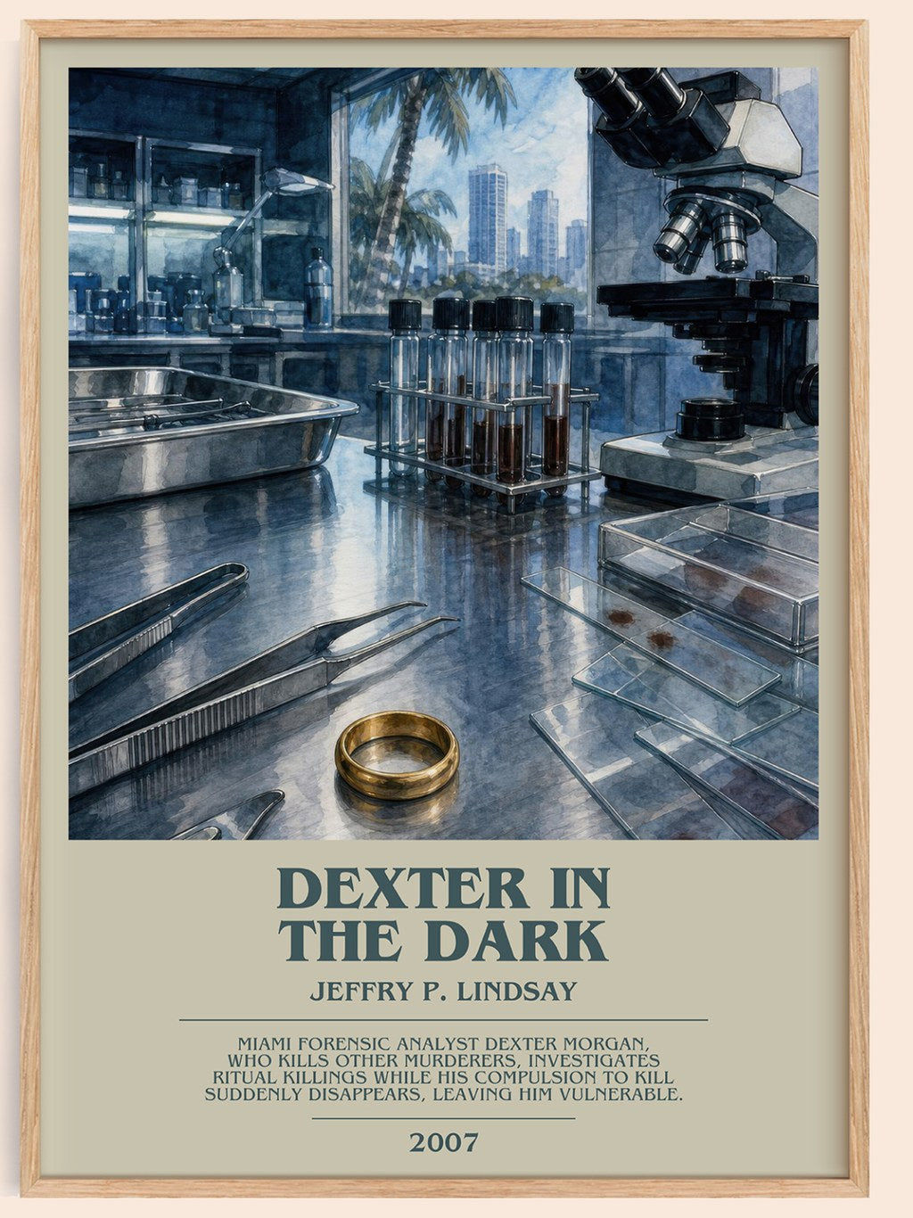 Dexter in the dark bookish book poster by Jeffry P. Lindsay – framed literary art print