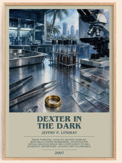 Dexter in the dark bookish book poster by Jeffry P. Lindsay – framed literary art print
