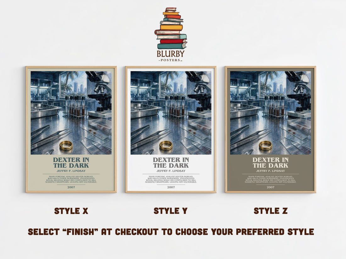 Dexter in the dark bookish print in frame leaning in hallway – crime wall art (mockup)