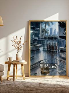 Dexter in the dark watercolour print in frame leaning in hallway – crime wall art