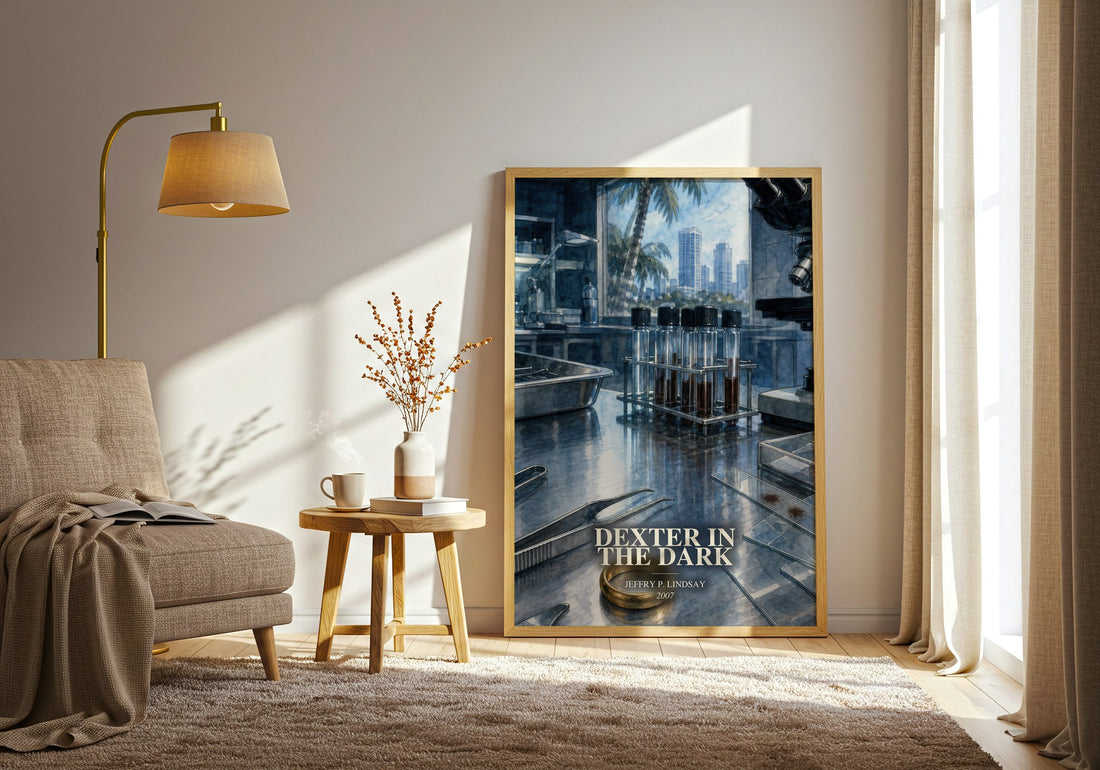 Dexter in the dark watercolour print in frame leaning in hallway – crime wall art