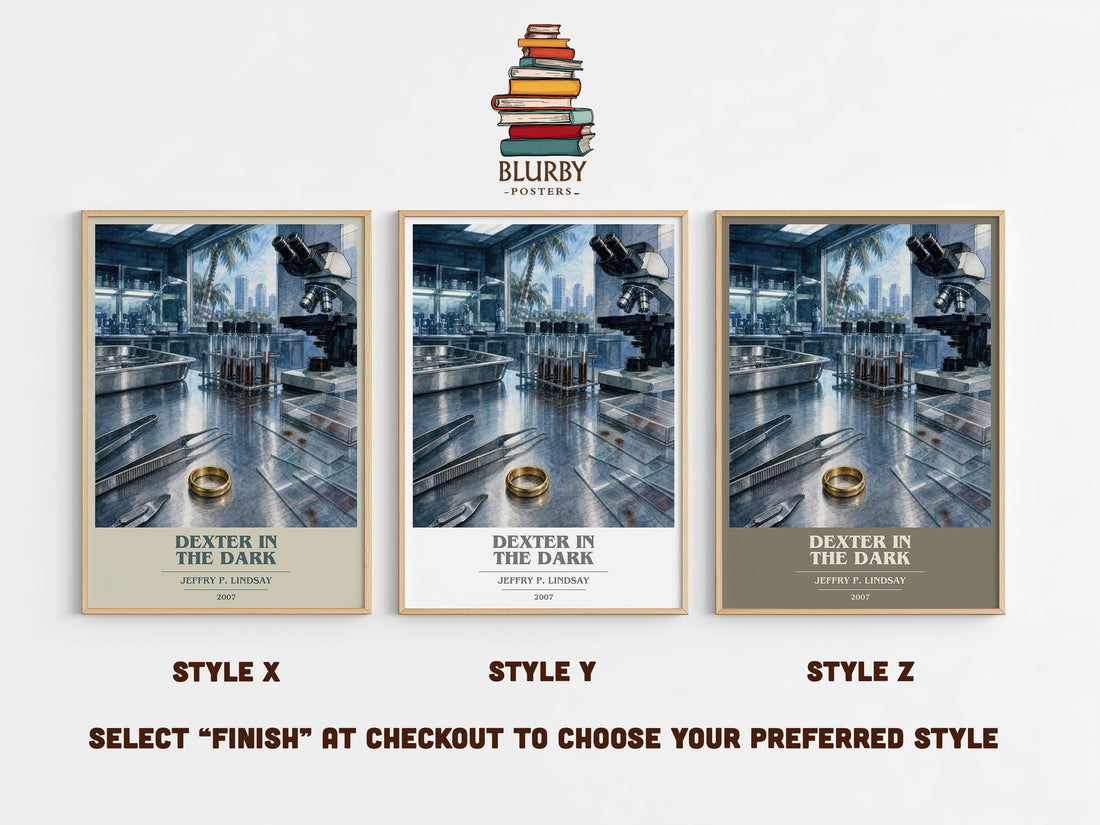Dexter in the dark book cover print in frame leaning in hallway – crime wall art (mockup)