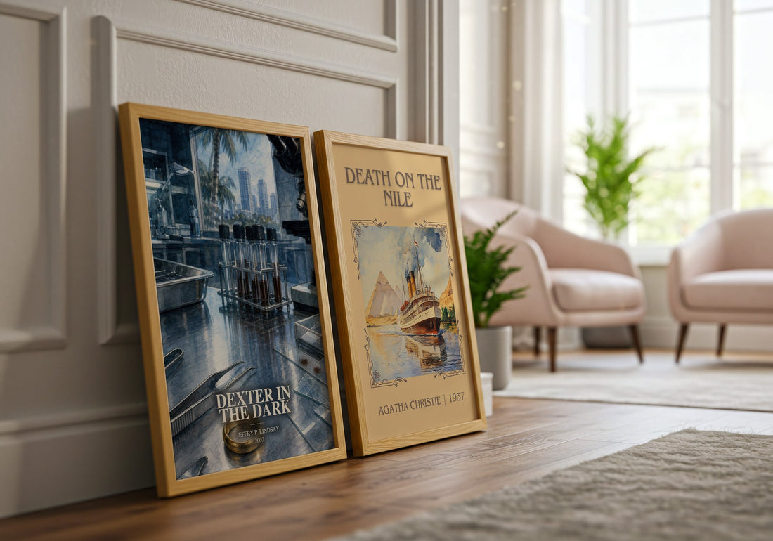 Dexter in the dark watercolour print framed by window – literary home decor