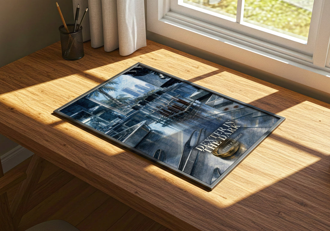 Dexter in the dark watercolour book poster framed on wall – crime wall art