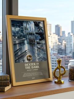 Dexter in the dark bookish print framed by window – literary home decor
