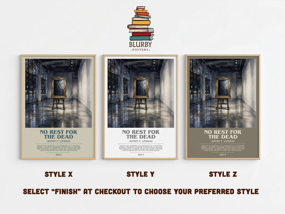 No Rest for the Dead bookish print in frame leaning in hallway – mystery wall art (mockup)