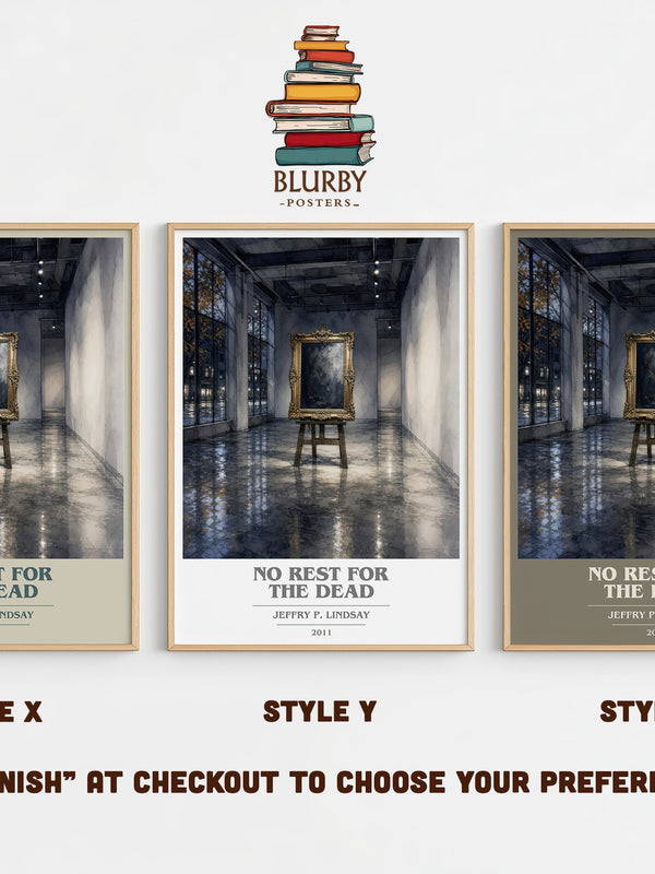 No Rest for the Dead book cover print in frame leaning in hallway – mystery wall art