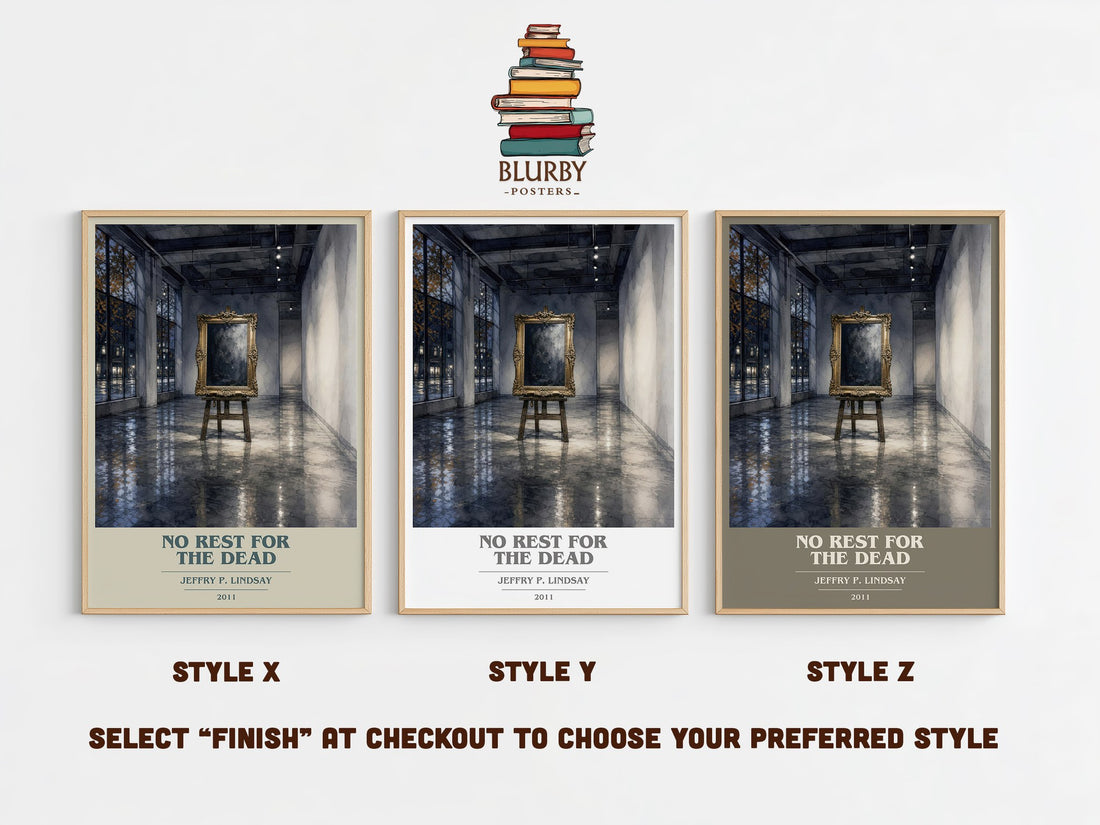 No Rest for the Dead book cover print in frame leaning in hallway – mystery wall art (mockup)