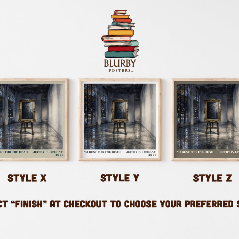 No Rest for the Dead literary print in frame leaning in hallway – mystery wall art
