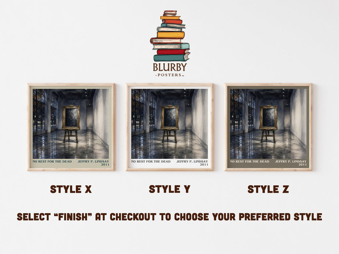 No Rest for the Dead literary print in frame leaning in hallway – mystery wall art (mockup)
