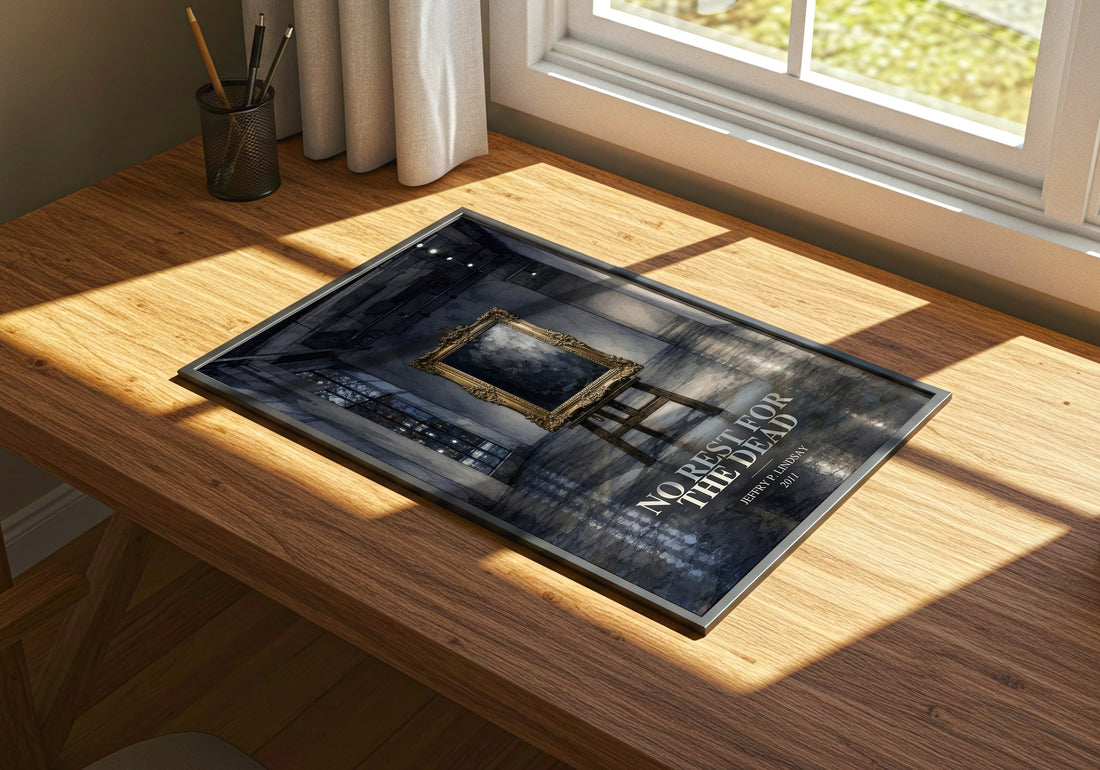 No Rest for the Dead watercolour book poster framed on wall – mystery wall art